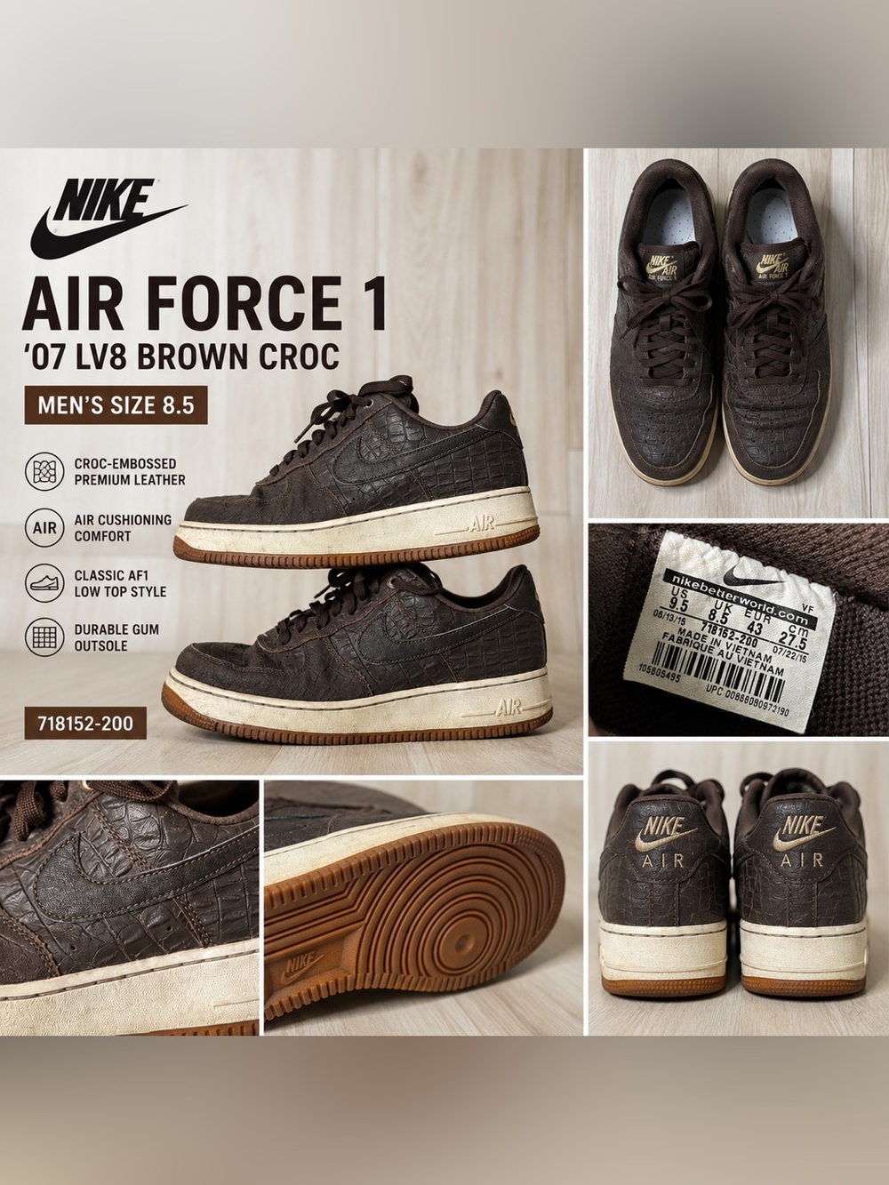 Nike Air Force 1 Low ’07 LV8 Brown Croc 718152-200 Men’s 9.5